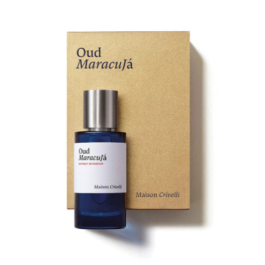 Perfume bottle labeled 'Oud Maracuja' by Maison Crivelli with its packaging on a white background.
